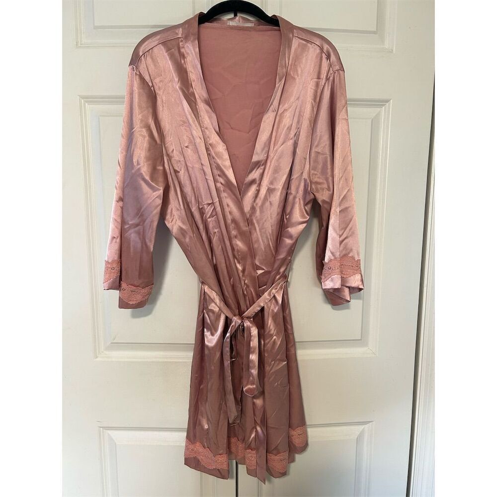 Ekouaer Women's 2XL Pink Satin Kimono Robe with Lace Trim - Picture 1 of 7